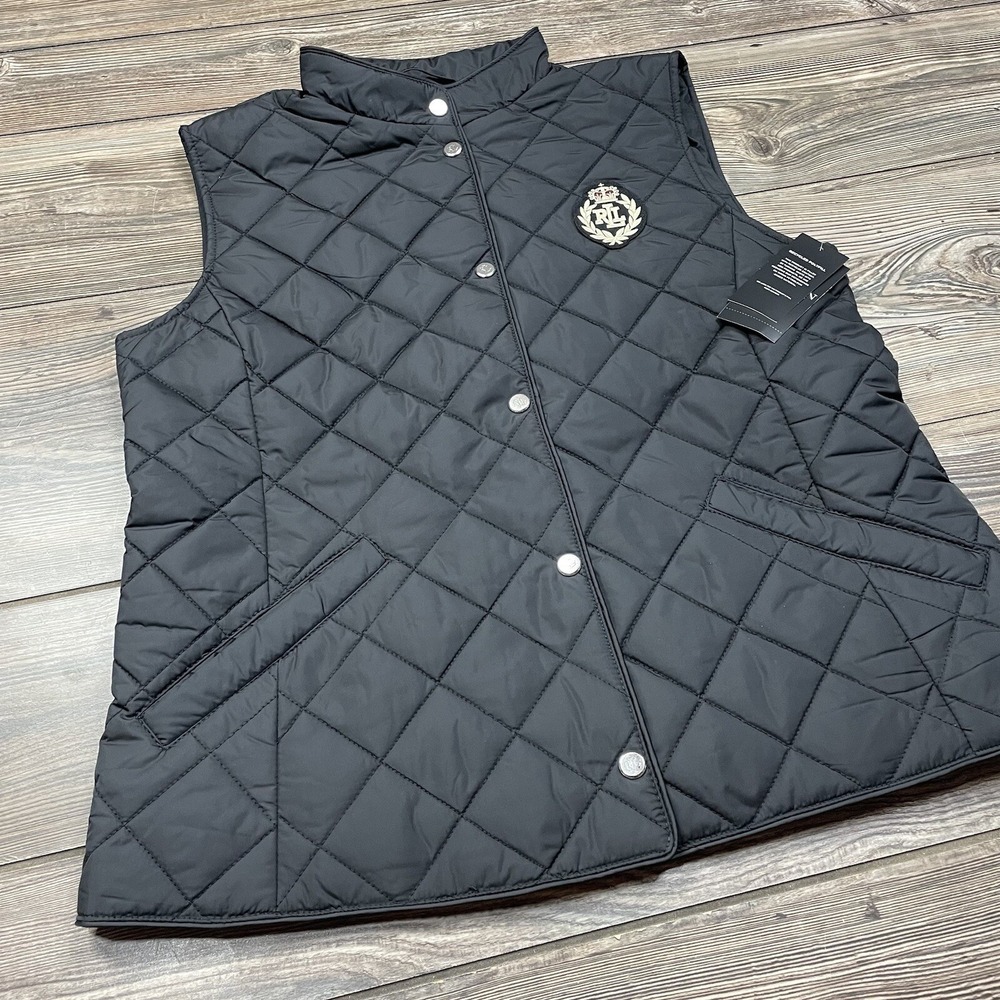 Ralph Lauren Women's Black Quilted Vest Crest Logo Preppy Style Black LARGE NEW - Picture 5 of 14
